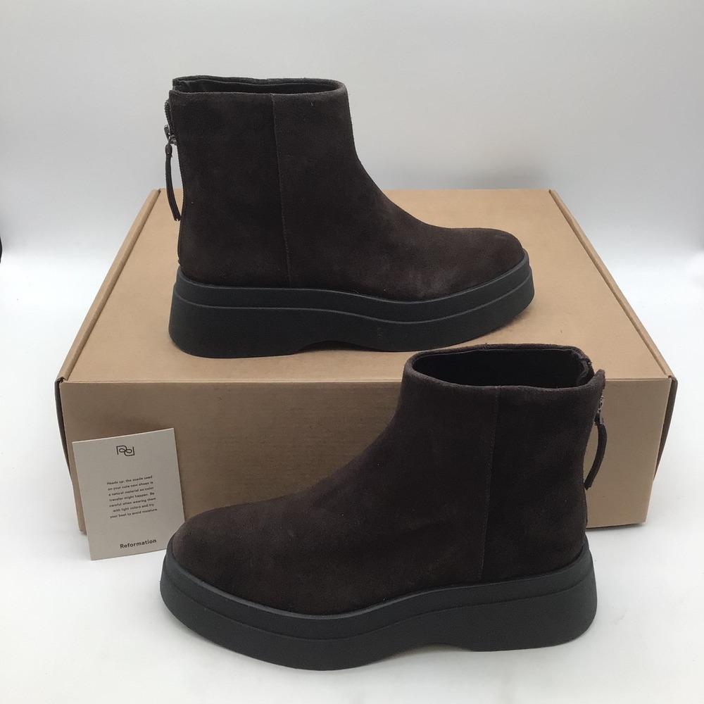Reformation Nadira Ankle Boots Boss Suede Brown Platform Zip Womens Size 7 NEW